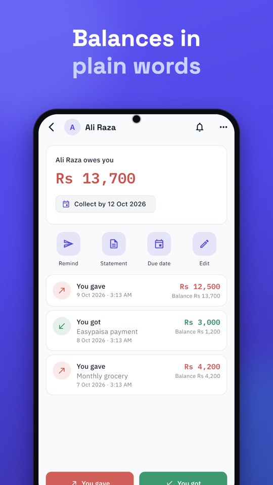Munshi customer page: Ali Raza owes you Rs 13,700