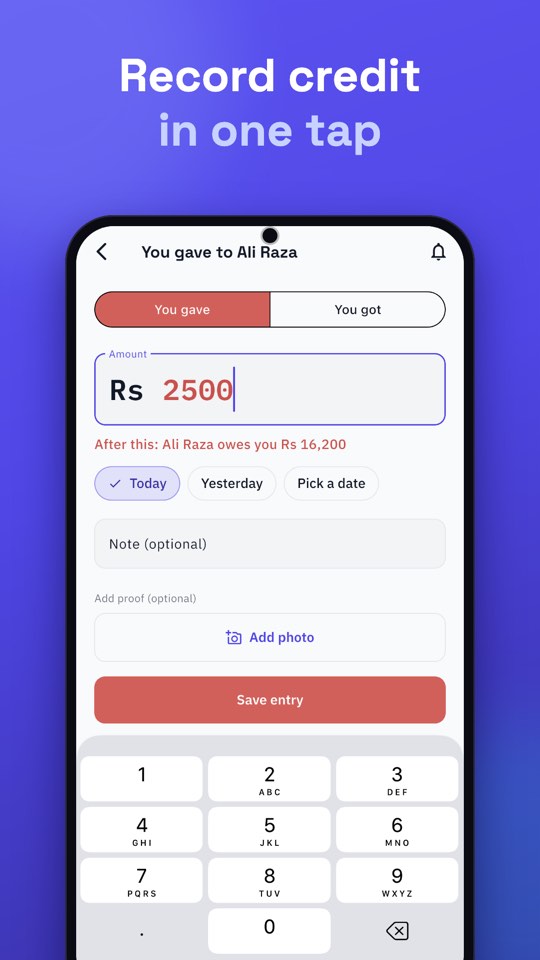 Munshi: record credit in one tap, You gave Rs 2,500 to Ali Raza