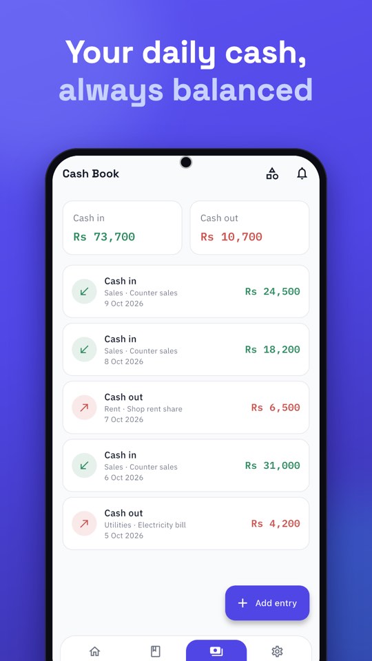 Munshi Cash Book with cash in and cash out